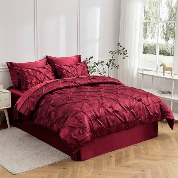 New Satin Comforter King 8 Pieces - Luxurious Pinch Pleat Bedding Set with Comfo